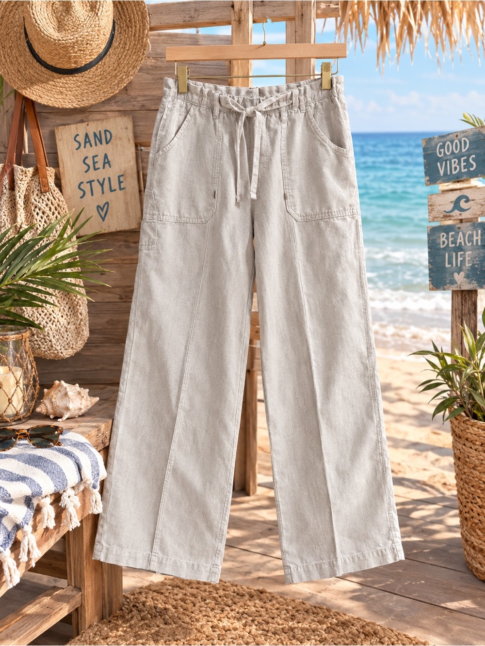 Splendid Light Beige Wide-Leg Drawstring Pants